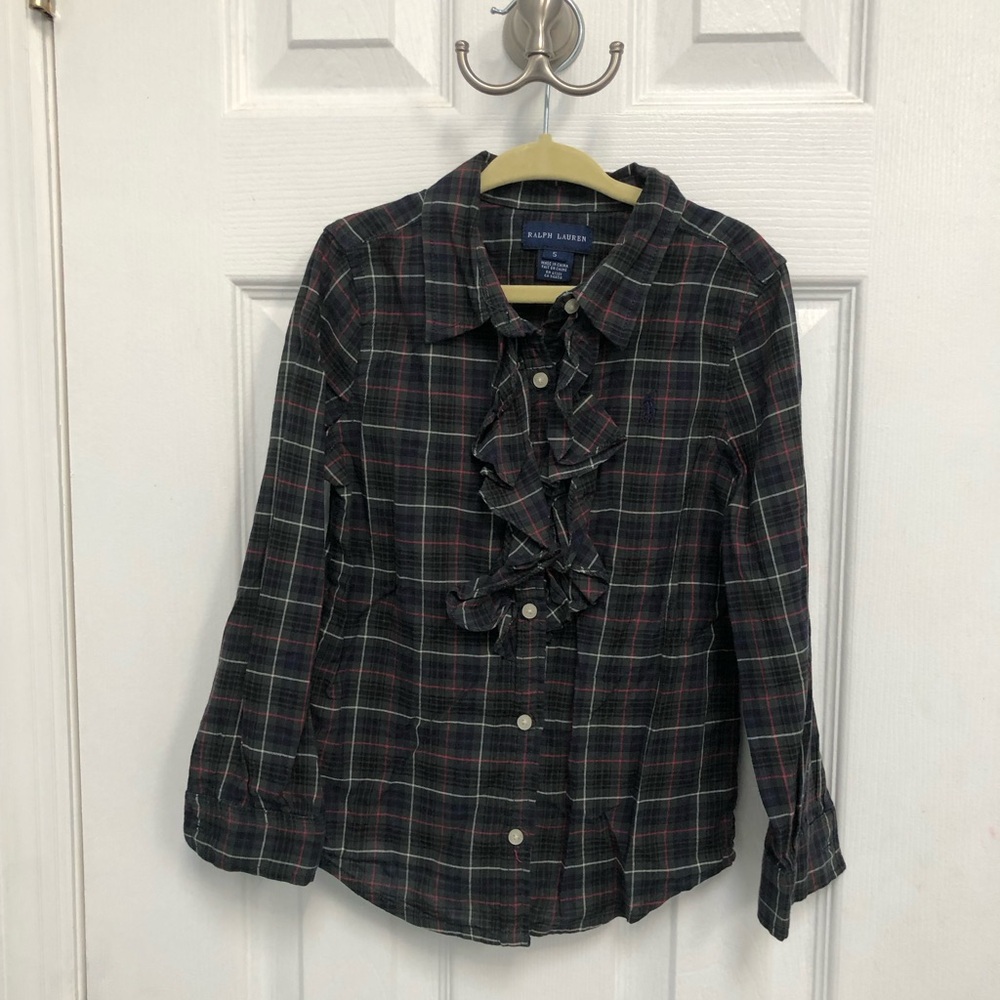 Ralph Lauren Girl’s Plaid Green Ruffled Long Sleeve Button Down Blouse 5 preppy